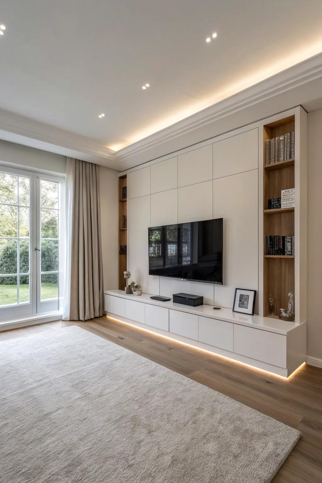 A minimalist floating media wall that cultivates a pristine and contemporary aesthetic.