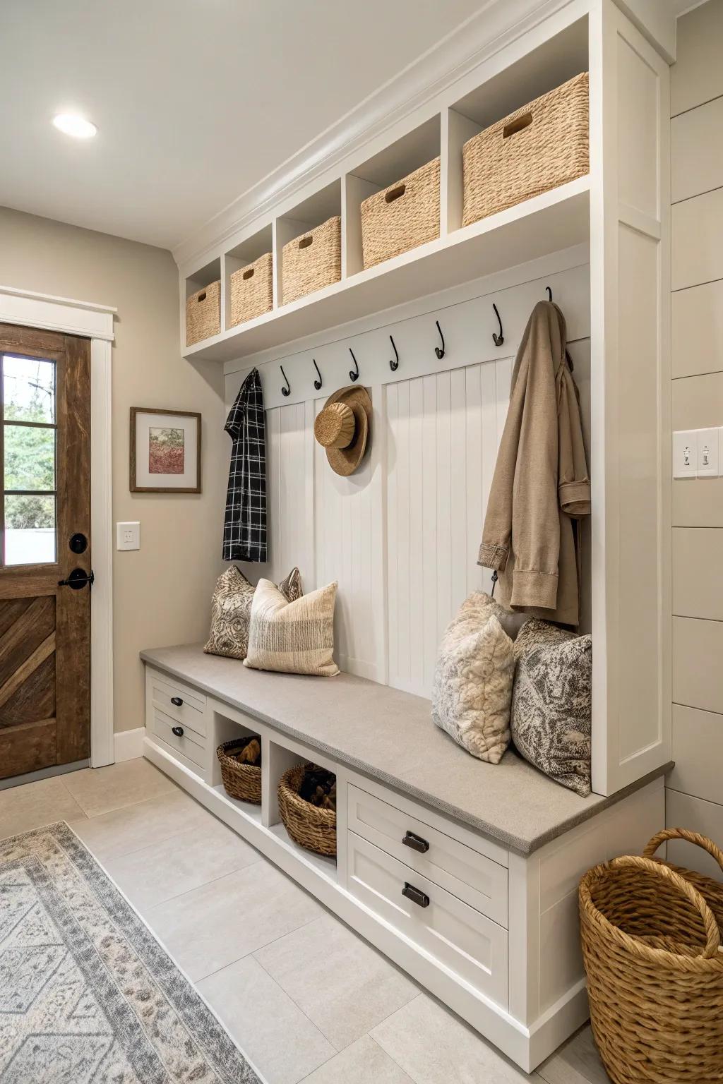 Elegant bench seating with discreet storage keeps your mudroom impeccably organized.