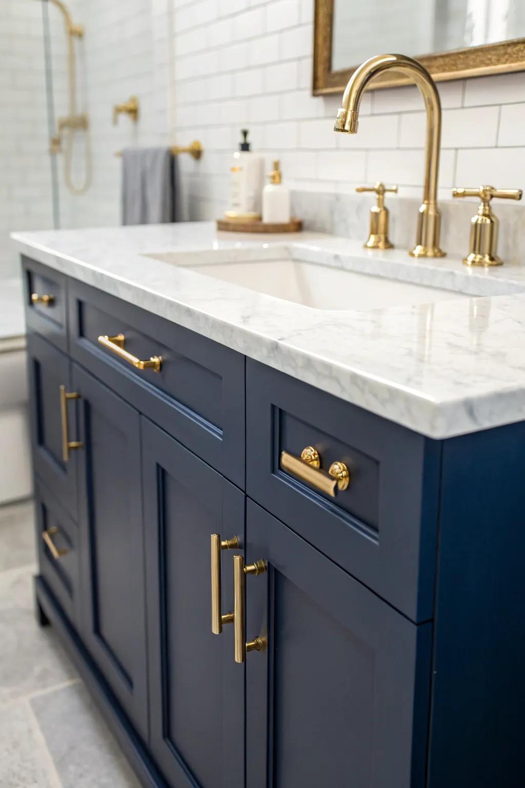 A deep ocean vanity and shiny fixtures create a captivating focal point.
