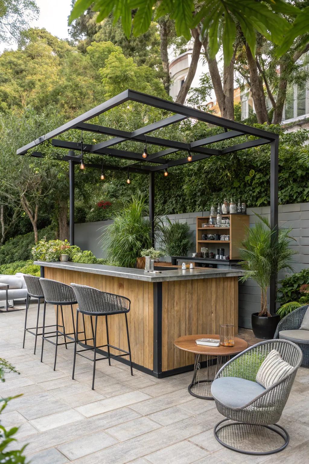A sleek outdoor bar employing metal and wood to achieve an industrial-chic appearance.