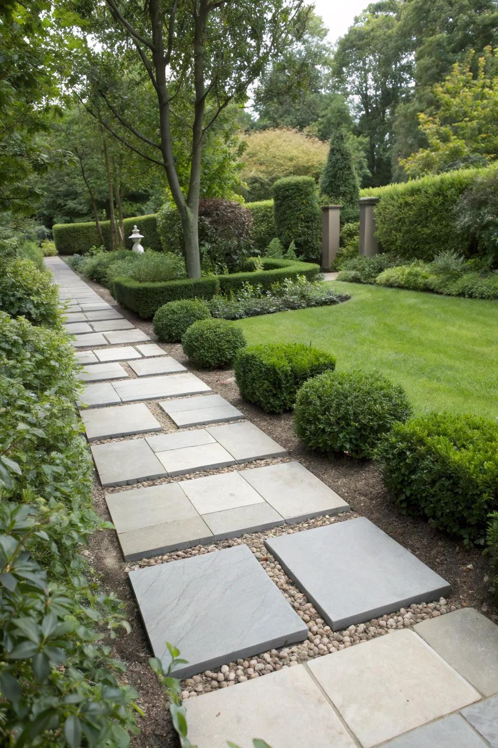 An up-to-date garden path showcasing polygonal paving stones for an impressive aesthetic.