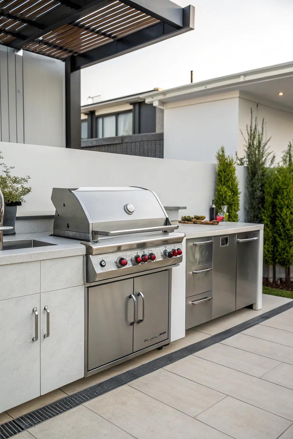 An elegant chrome alloy cooker introducing modern refinement to outdoor cuisine.