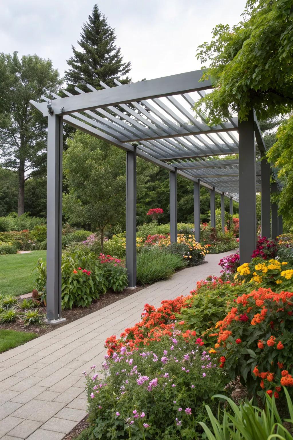 A streamlined metal pergola adds a contemporary touch to your garden.