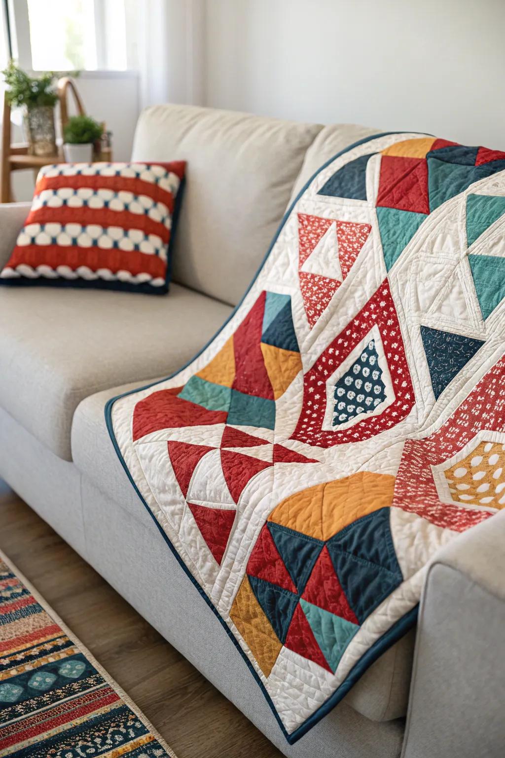 Coverlets featuring geometric shapes add an engaging and elegant touch to modern rooms.
