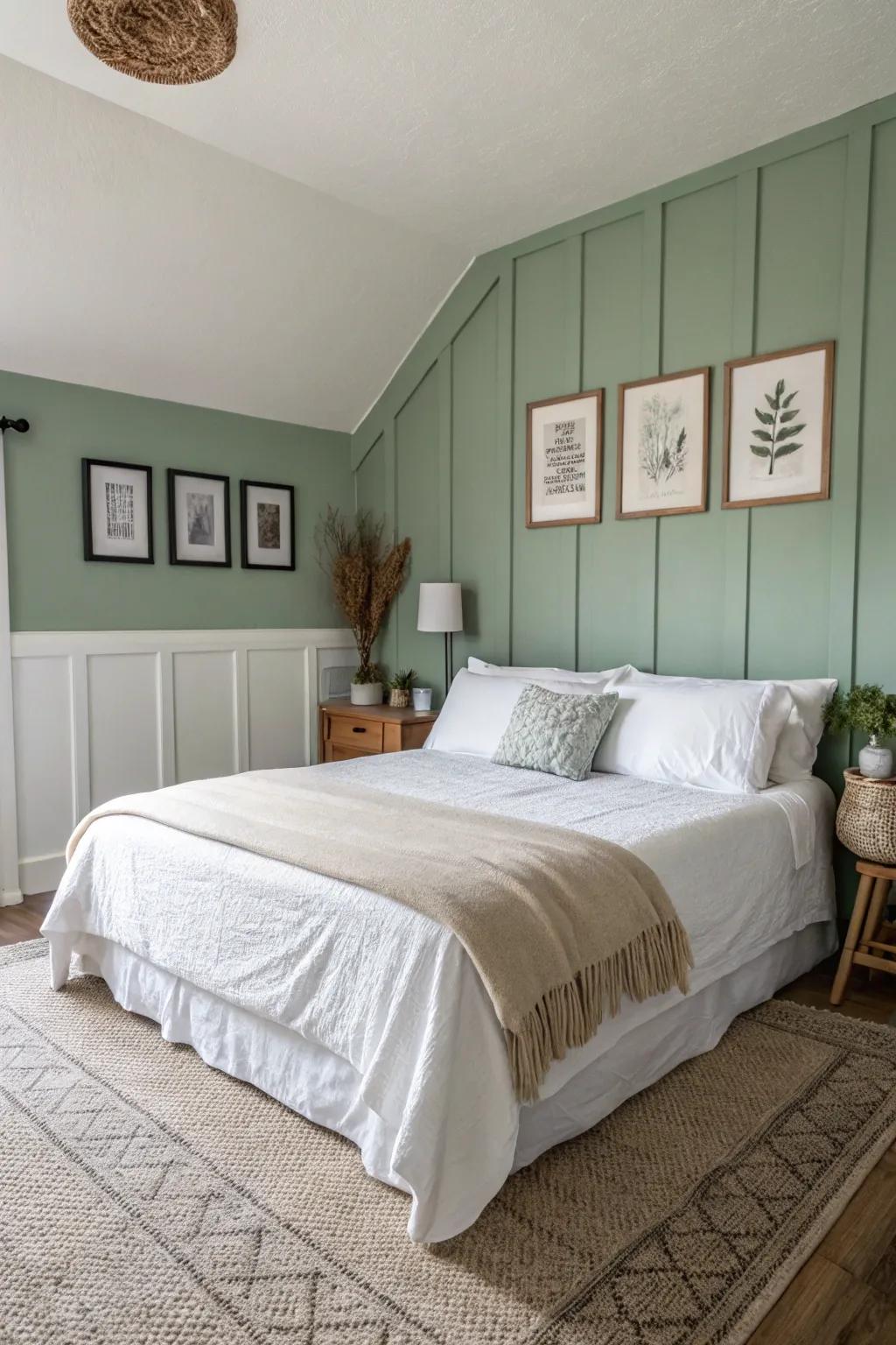 This modern bedroom's avocado-toned highlighted wall establishes a tranquil mood.