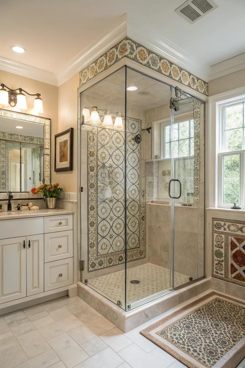 A see-through enclosed shower exhibiting elaborate tile work and plentiful natural light.