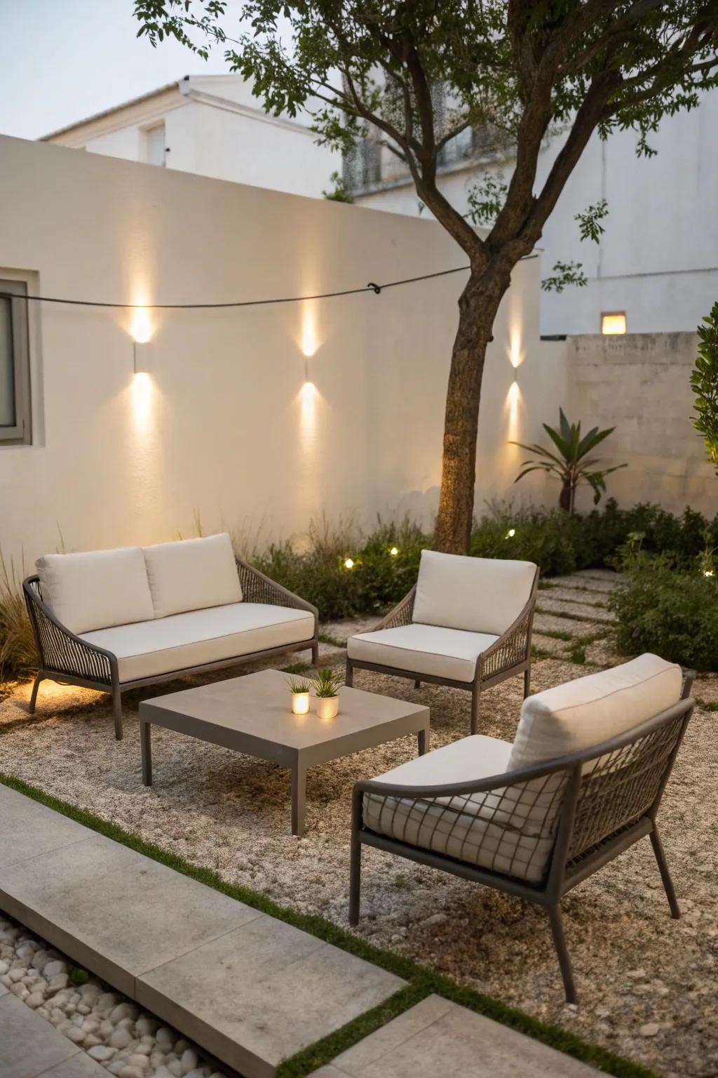 Minimalist garden furniture infusing modern sophistication into a small space.