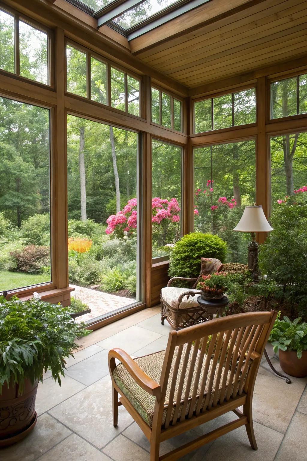 Spacious windows in a sunroom effortlessly unite indoor and outdoor environments.