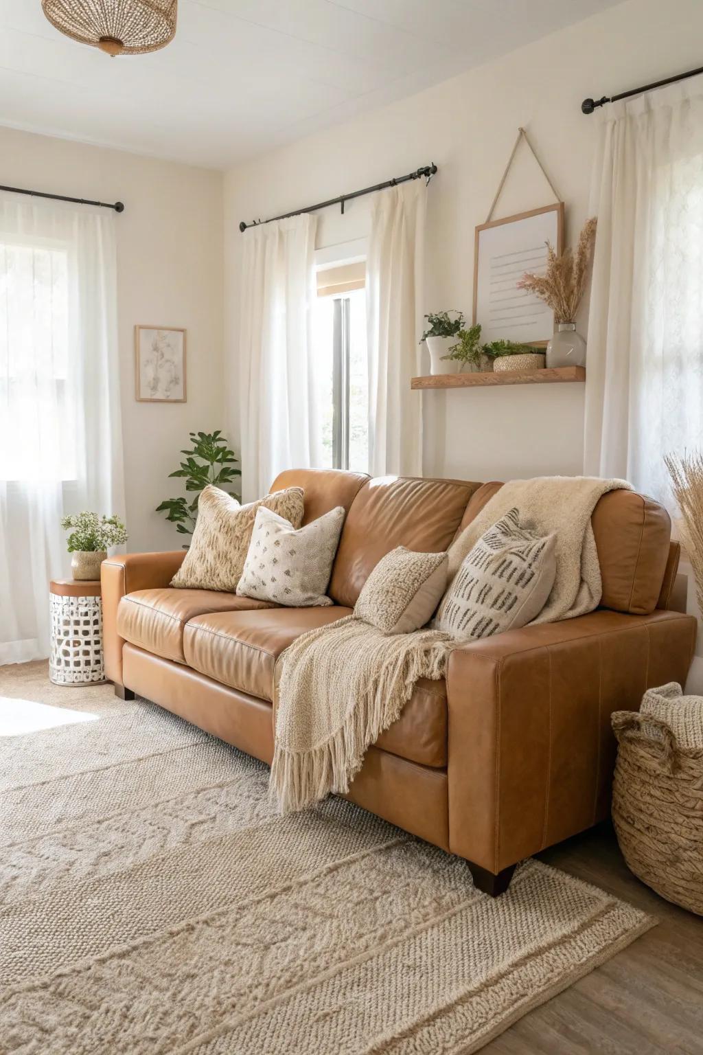 A serene lounge area featuring a fawn hide couch and soothing hues.