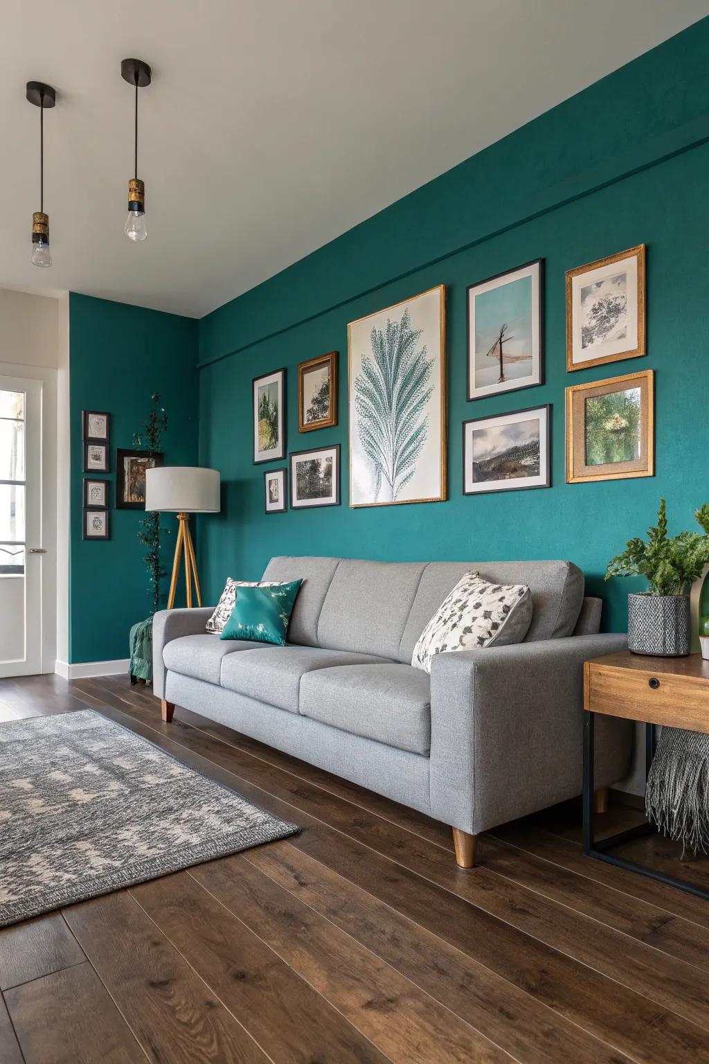 Aquamarine statement wall coupled with an ash-colored couch to elicit a noticeable aesthetic impact.