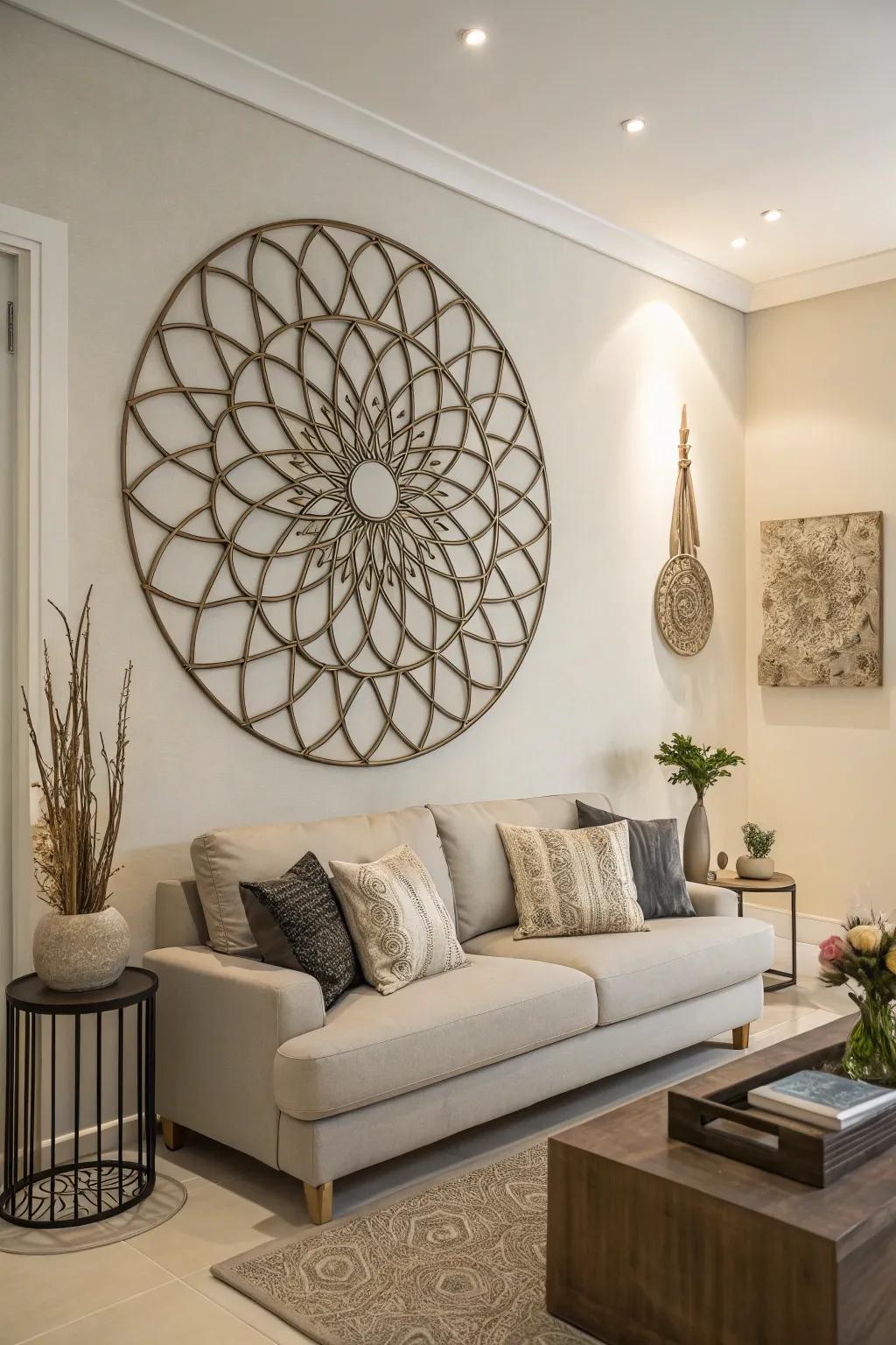 Three-dimensional steel decor adds dimension to a sleek living room.
