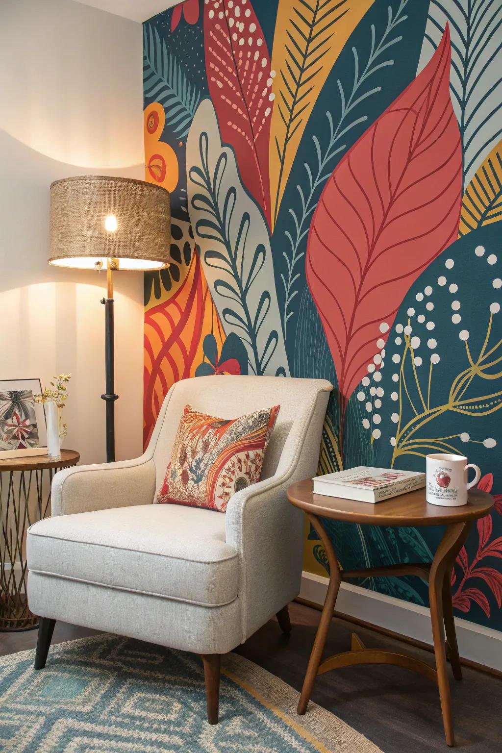 Lively non-figurative wallcovering in an inviting reading corner.