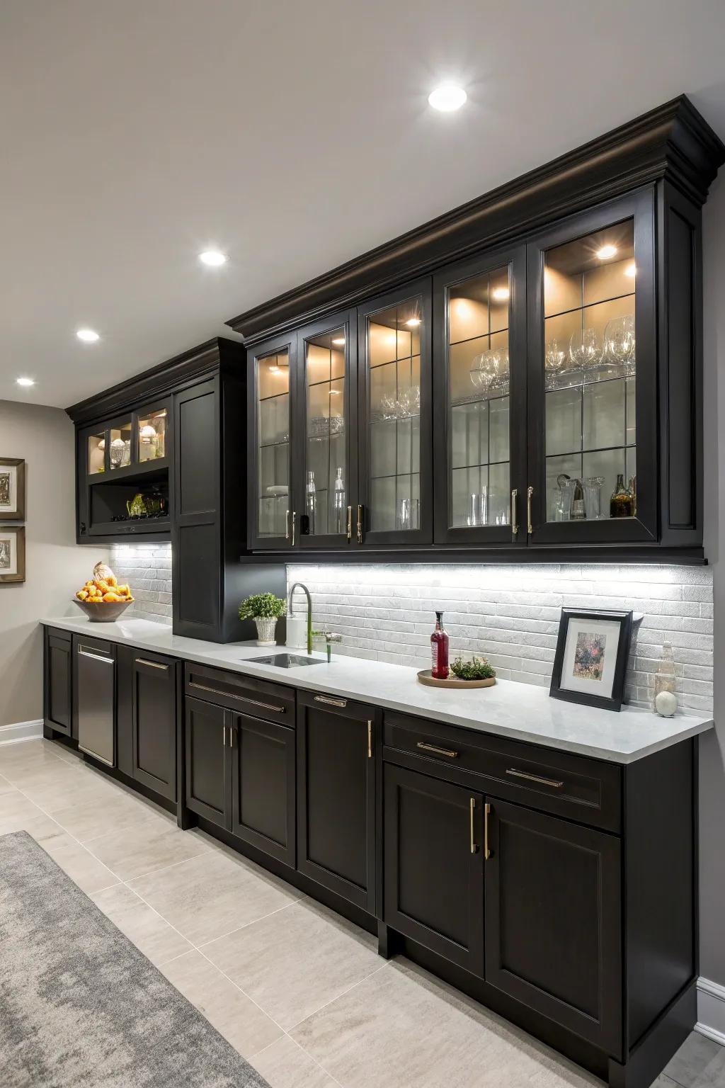 Shadowy cabinetry contributes panache to a modern home bar environment.