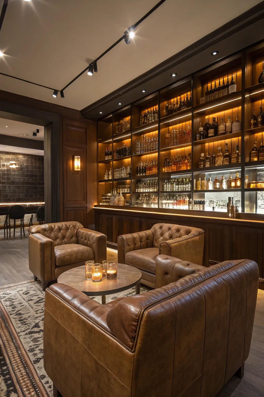 Lavish leather seating establishes an atmosphere of leisure in your spirits room.