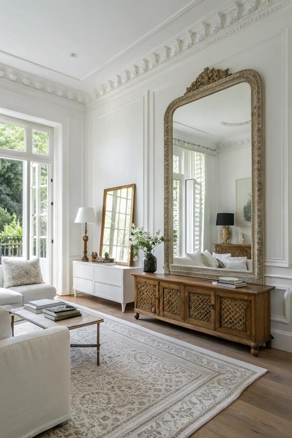 A sizable looking glass casting light in a contemporary white lounge.