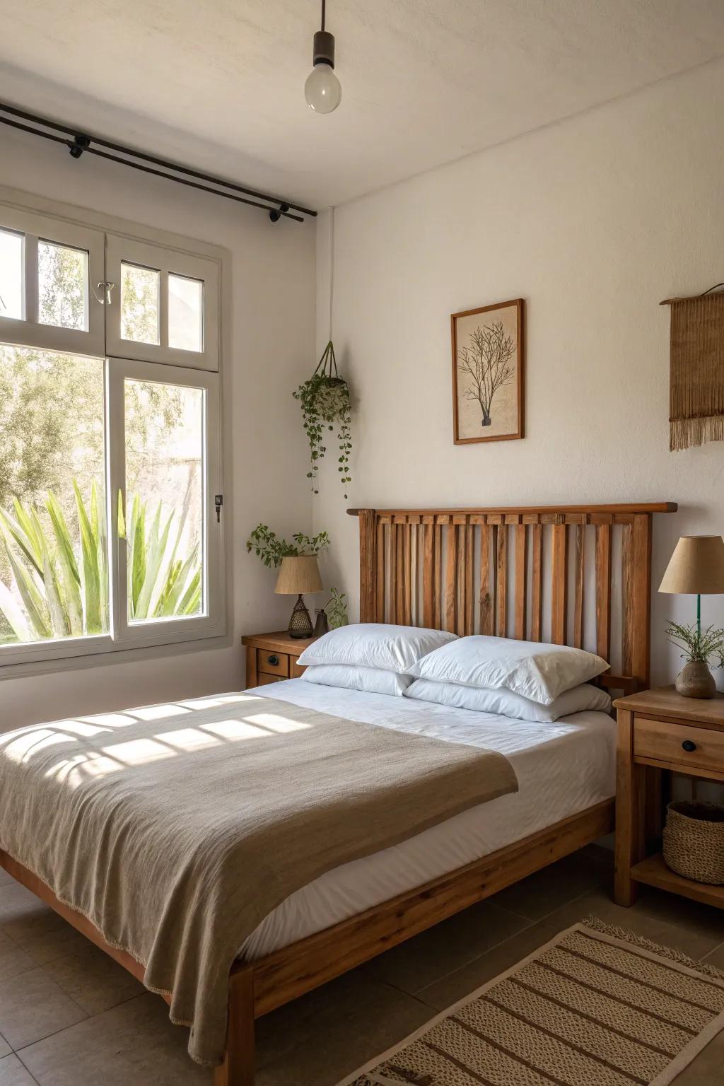 Design a bedroom sanctuary featuring a wood slat headboard, perfect for adding warmth and sophistication.