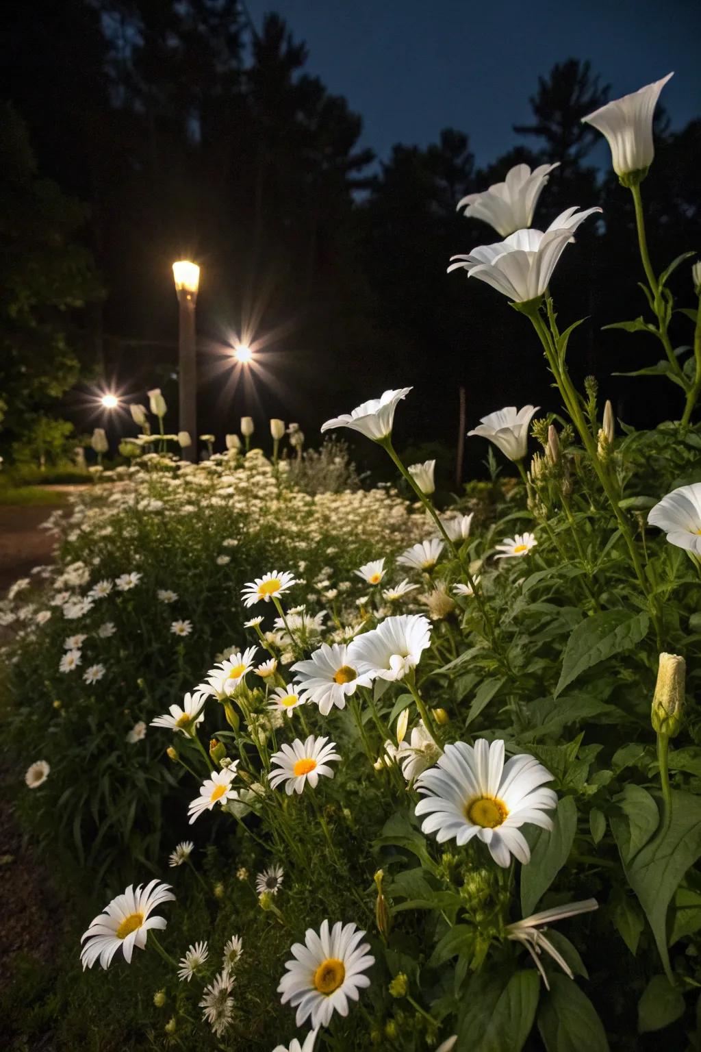 White flowers such as Shasta daisies and moonflowers shine brilliantly under the moon's gleam.