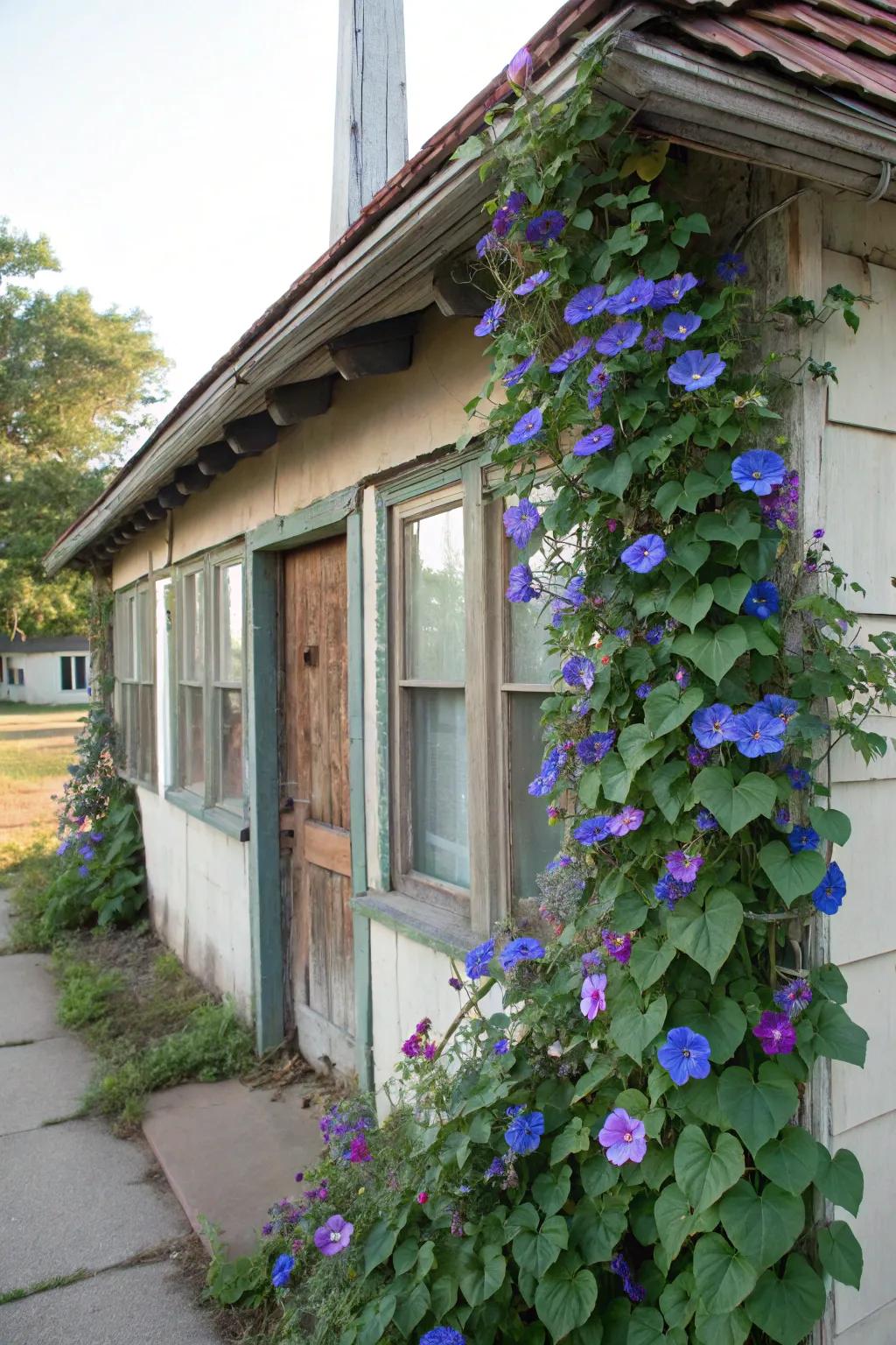 Heavenly trumpets elegantly framing house windows with vivid blossoms.
