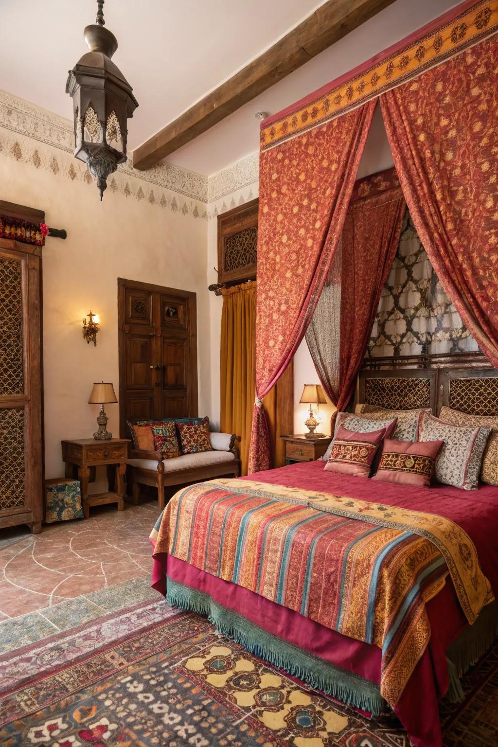 Layered textiles add dimension and warmth to a Moroccan bedroom.