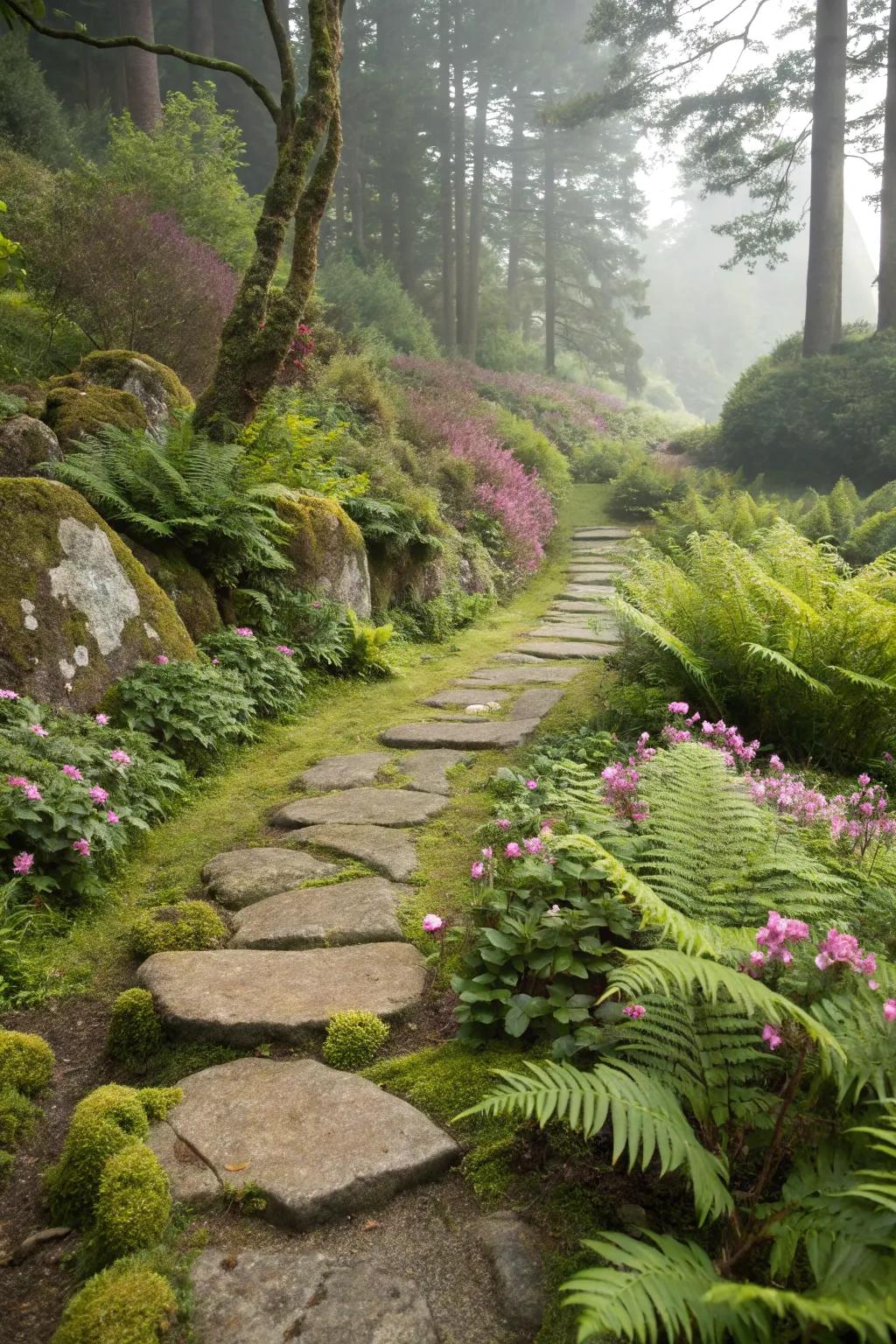 An attractive moss rock trail that meanders through a vibrant garden.