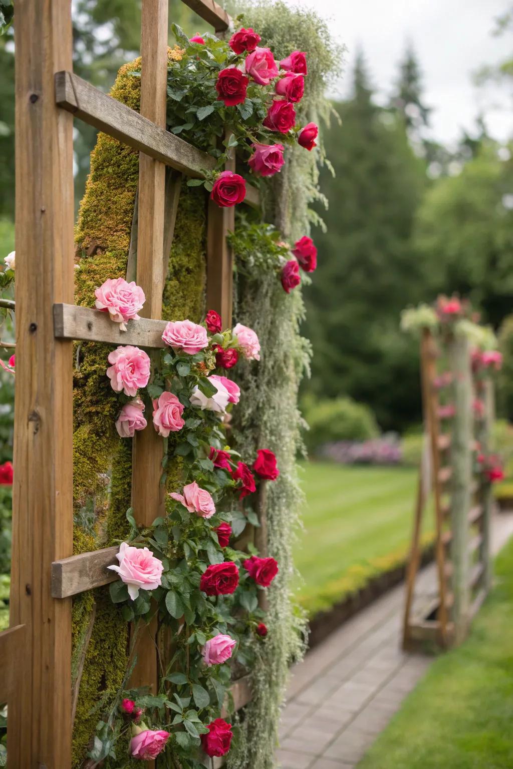 Sun roses elegantly draping from a wood support.