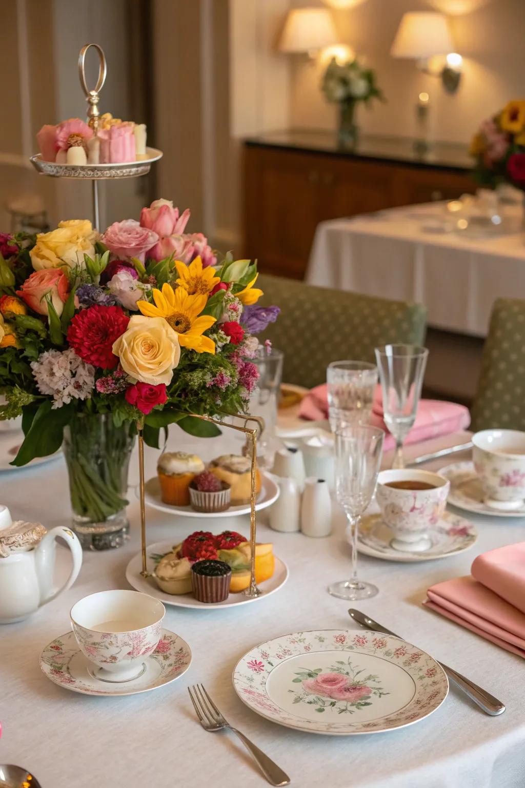 Floral centerpieces introduce a sense of sophistication and freshness to your tea spread.