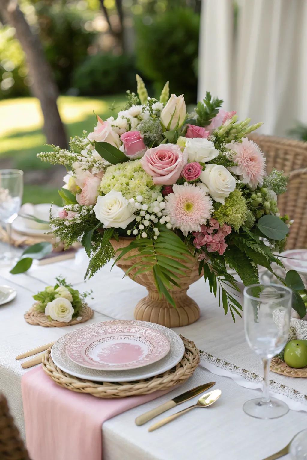 An enchanting floral centerpiece designed for a Mother's Day brunch.