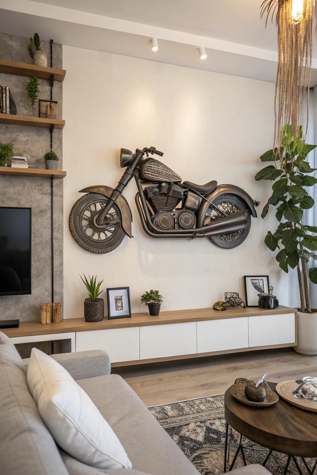 A compelling 3D moto model used as wall art.