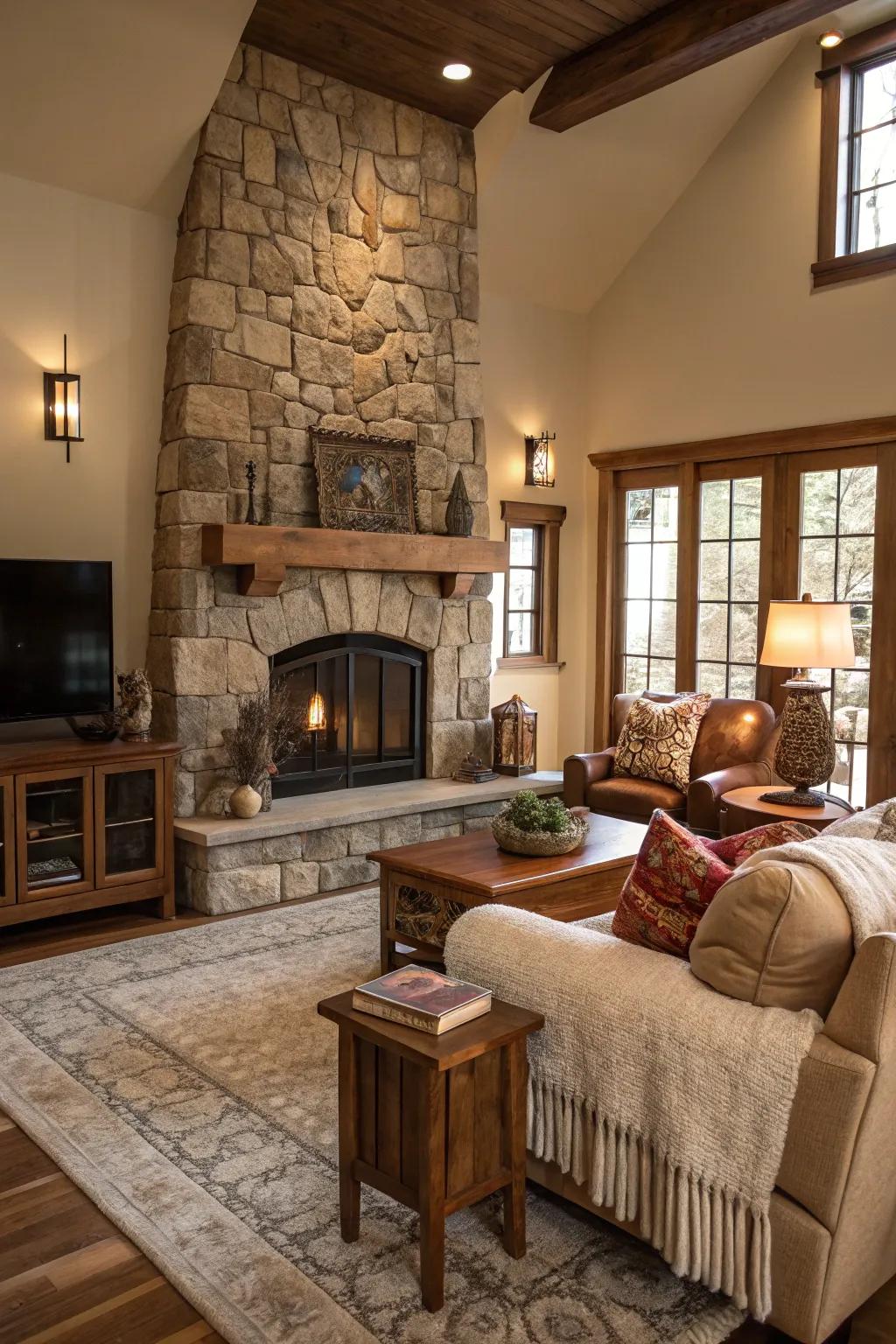 A welcoming living space revolves around a striking stone fireplace.