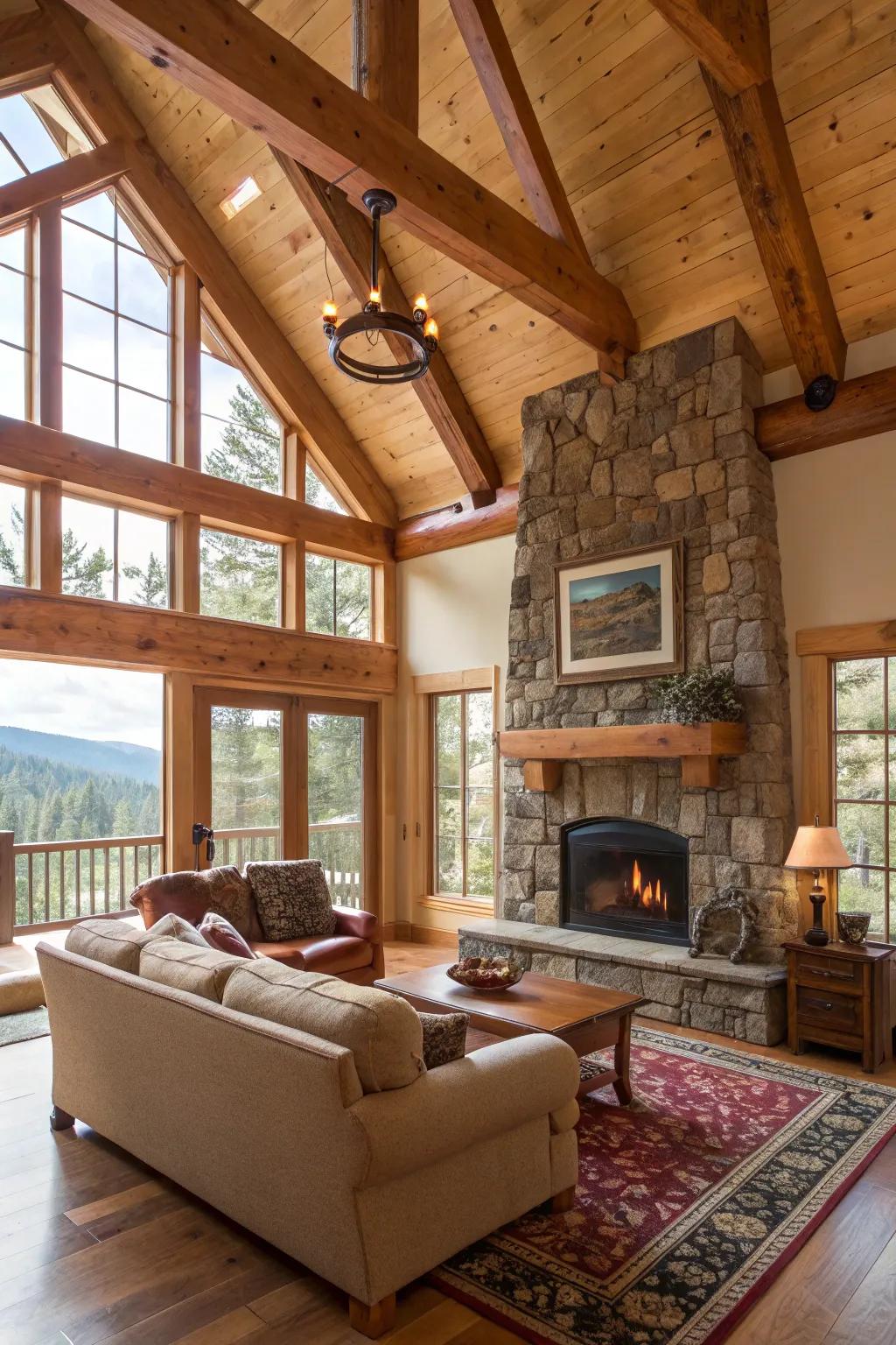 Country-style touches such as timber and stone bring the outdoors in.