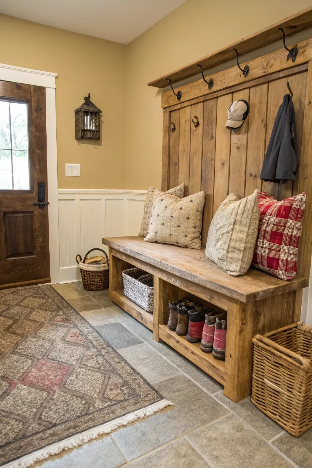 A welcoming entryway showcases an upcycled wood bench equipped with plush pillows for ultimate relaxation.