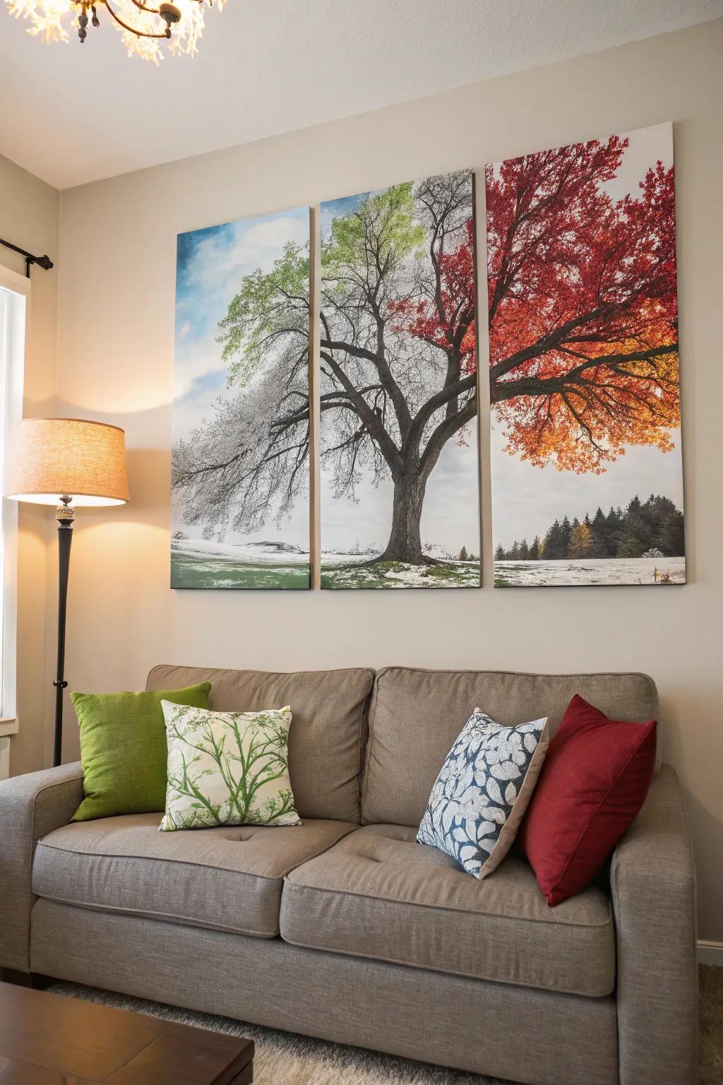 A multi-canvas composition capturing a tree's seasonal charm, adding a natural element to the space.