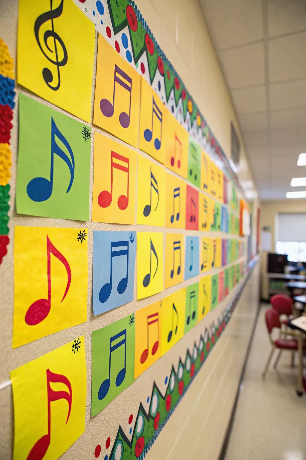 A motivating array of vibrant musical notes on a bulletin board.