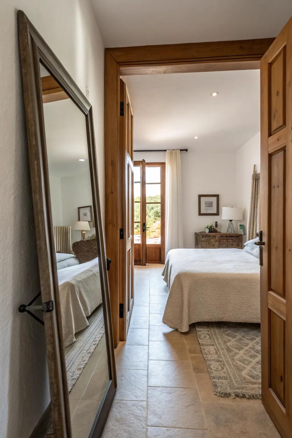 A smartly placed large mirror elevates light and space within a slender bedroom.