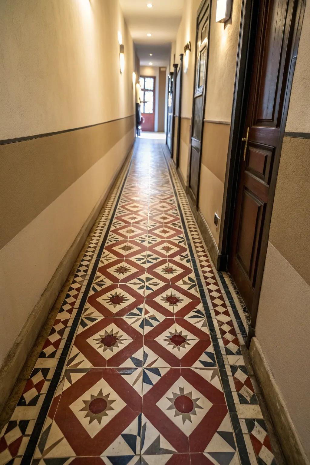Bold patterned surfaces dramatically alter the appearance of a slender hallway.