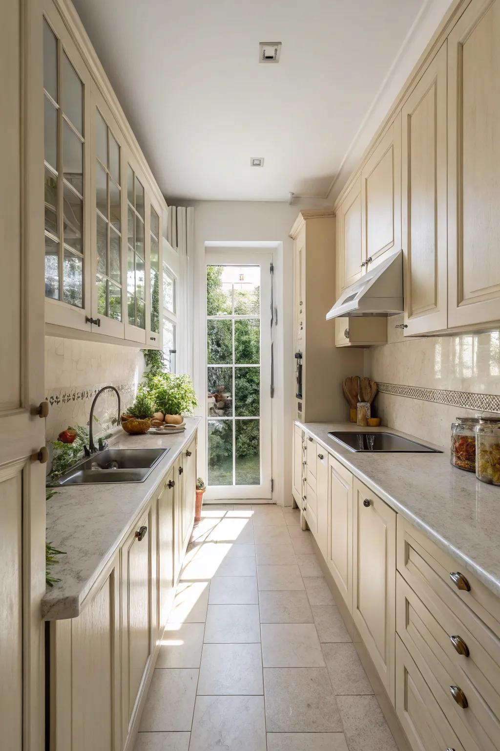 Using light colors to evoke a spacious feel within a narrow kitchen.