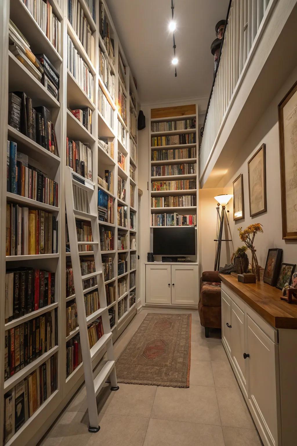 Using vertical space by incorporating tall bookshelves into a slender living space.