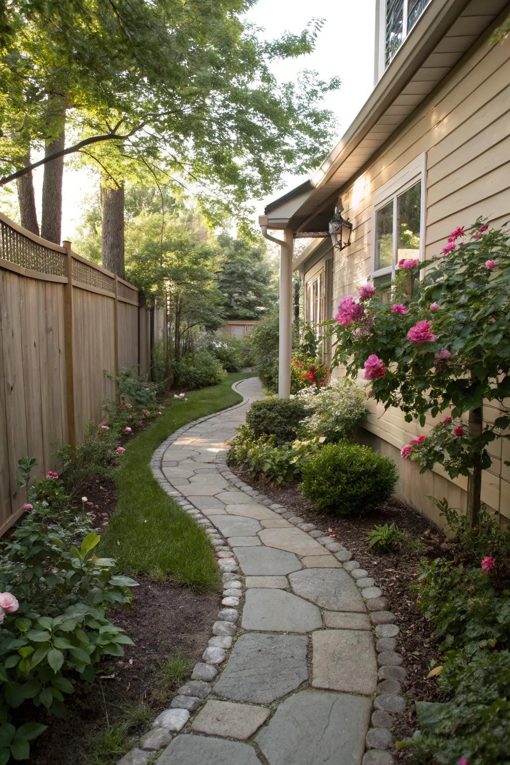 A winding pathway enhances the visual appeal and spaciousness of a slender side yard.