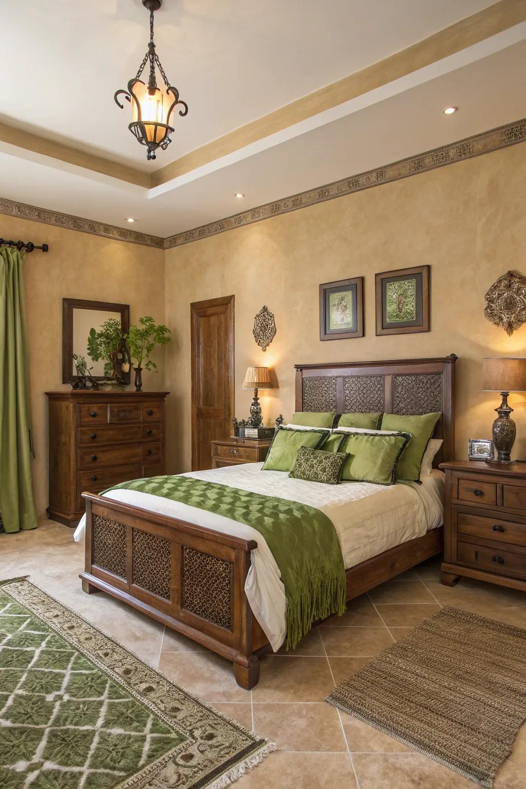 A bedroom painted in earthy tones for a calming atmosphere.