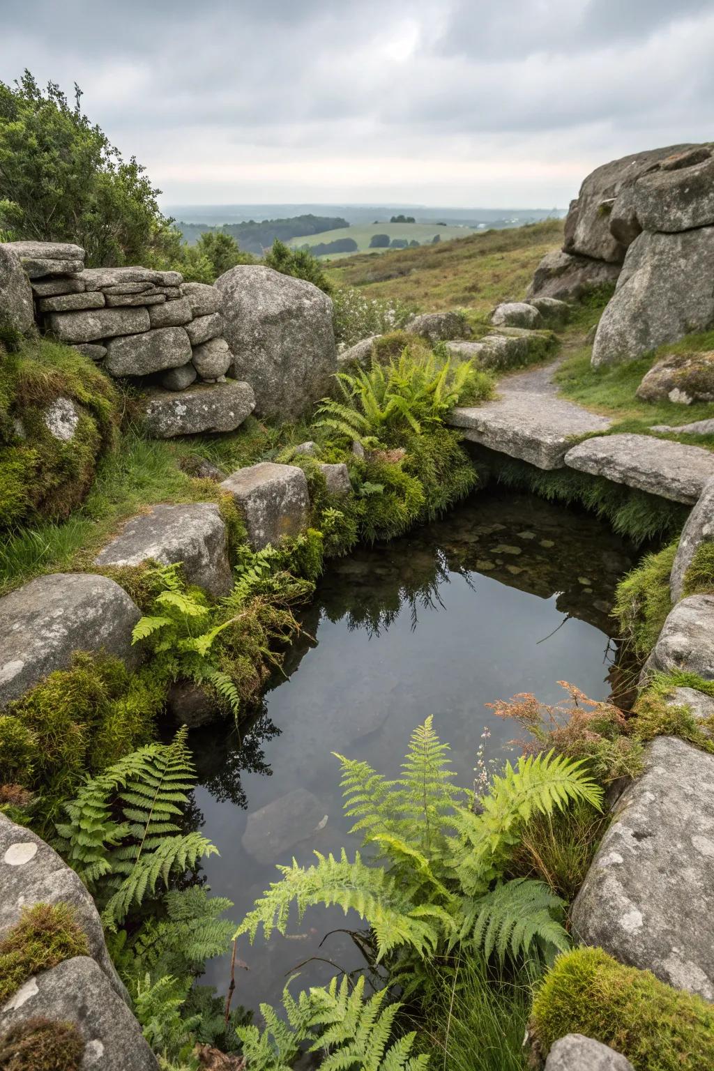 Native rocks lending a rustic charm to a backyard water garden.