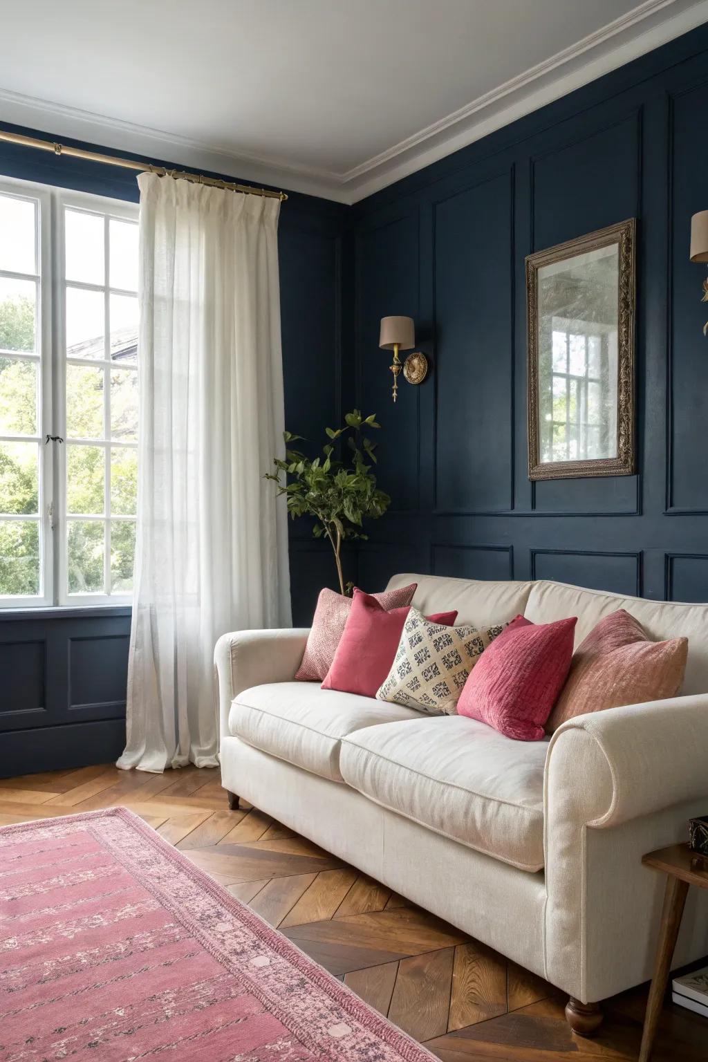 Sapphire colored walls are a striking base for playful rose details.
