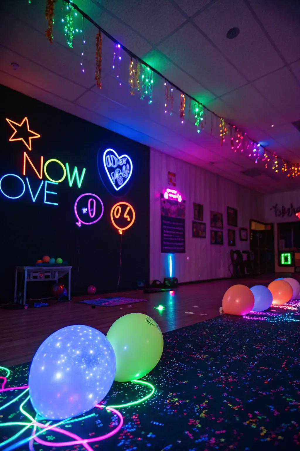 A room transformed by blacklights, showcasing glowing neon decorations for a captivating party vibe.