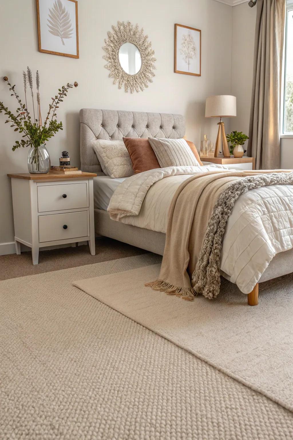 A creamy colored carpet provides flexibility to any bedroom.