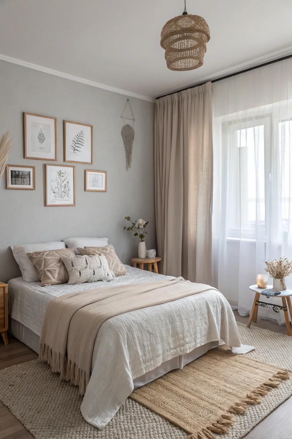A bedroom showcasing a calming, gentle color foundation of whites and beiges.