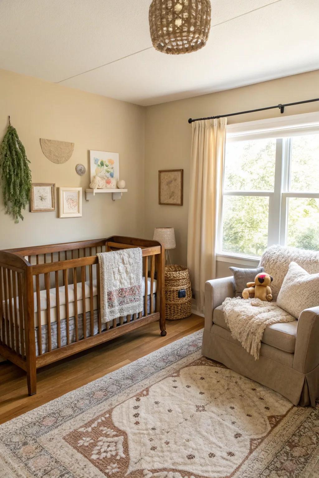 A calming fawn nursery enhanced with organic wood features.