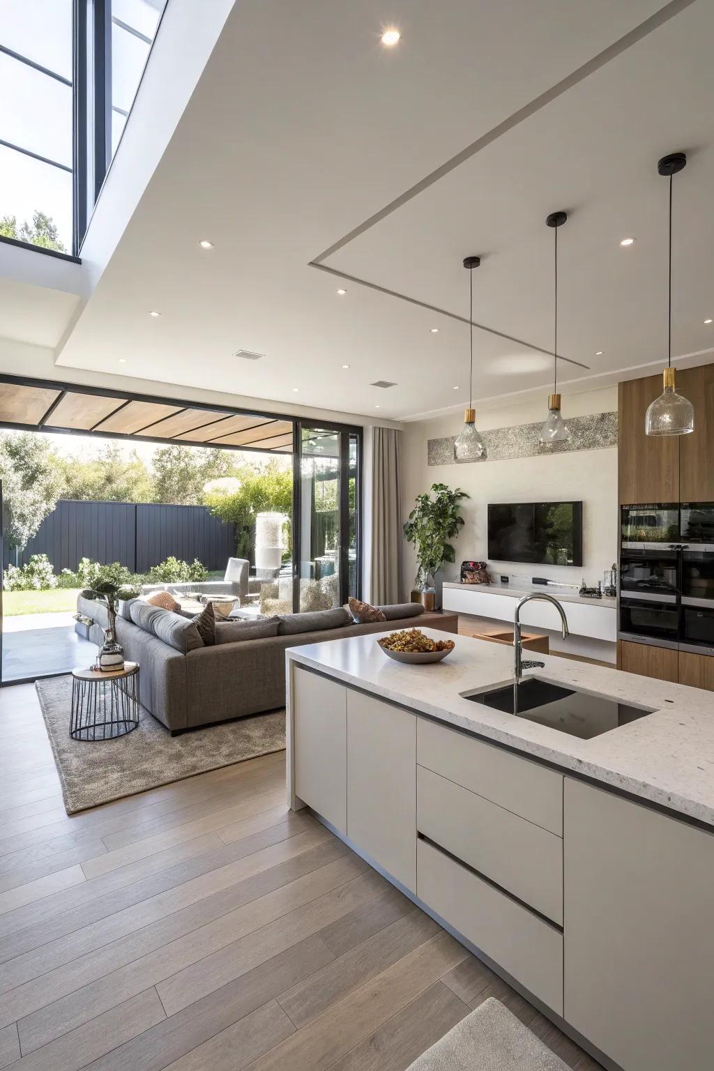 An open kitchen seamlessly integrated with the living area, augmenting space and connectedness.