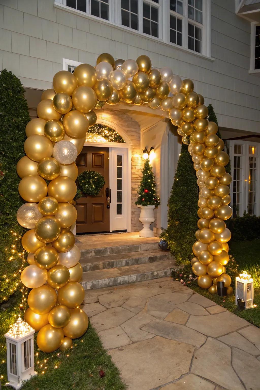 A golden sphere gateway welcomes guests to a glamorous New Year's Eve celebration.