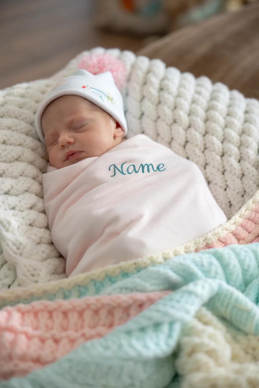 A newborn serenely swaddled in a bespoke blanket.
