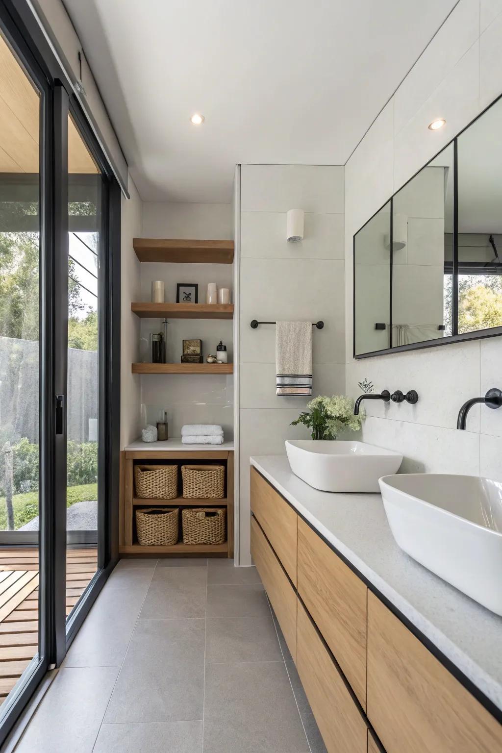 A contemporary bathroom showcasing an open, spacious arrangement with sleek storage.