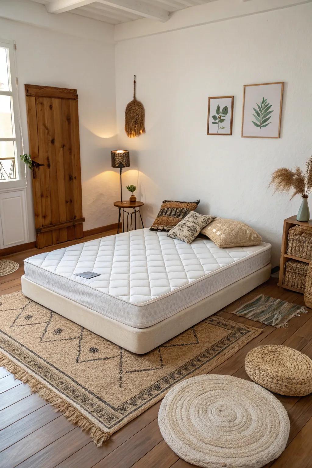 Choosing a floor mattress enhances a minimalist and spacious atmosphere.